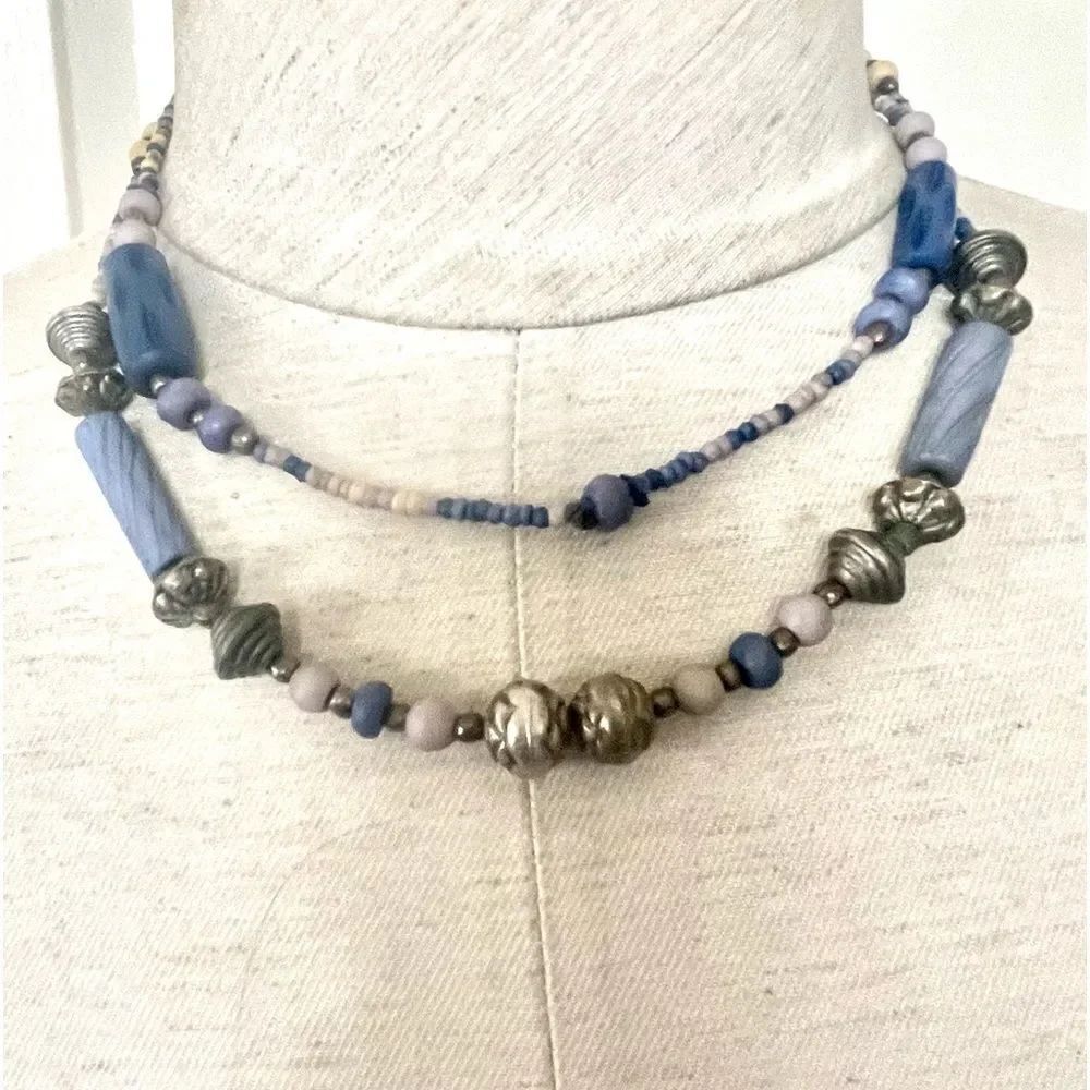 Blue beaded silver tone long necklace